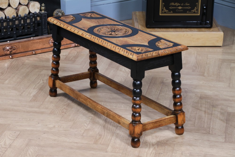 Vintage Oak & Black Carved Bobbin Turned Small Coffee Table View XIX