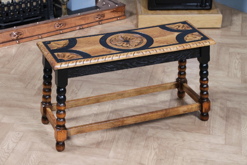 Vintage Oak & Black Carved Bobbin Turned Small Coffee Table View XX