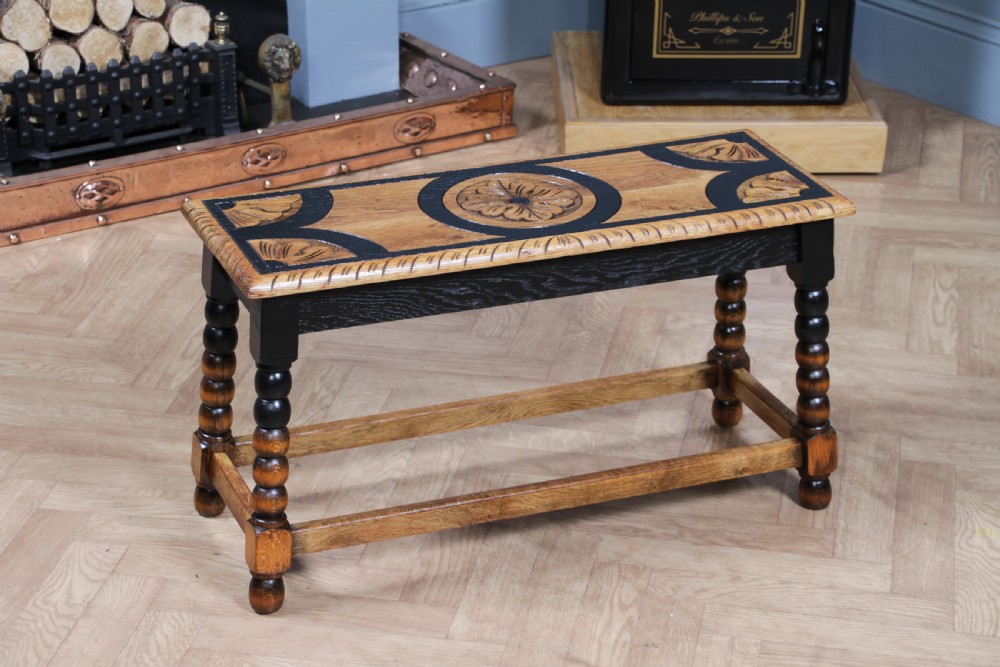 Vintage Oak & Black Carved Bobbin Turned Small Coffee Table View XXI