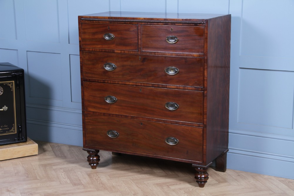 A William IV mahogany chest of drawers featuring two short over three long drawers with oval brass handles and turned feet. View VI
