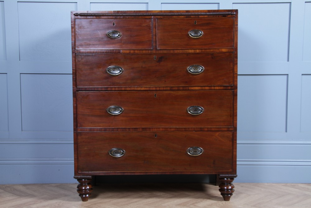 A William IV mahogany chest of drawers featuring two short over three long drawers with oval brass handles and turned feet. View VII