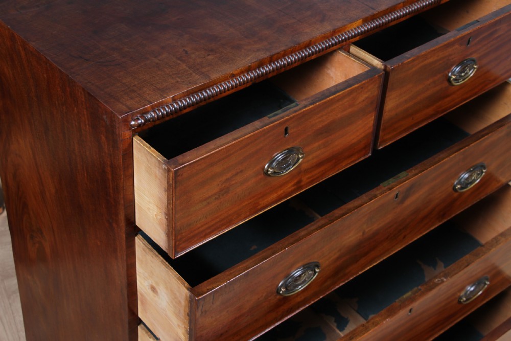 A William IV mahogany chest of drawers featuring two short over three long drawers with oval brass handles and turned feet. View XII