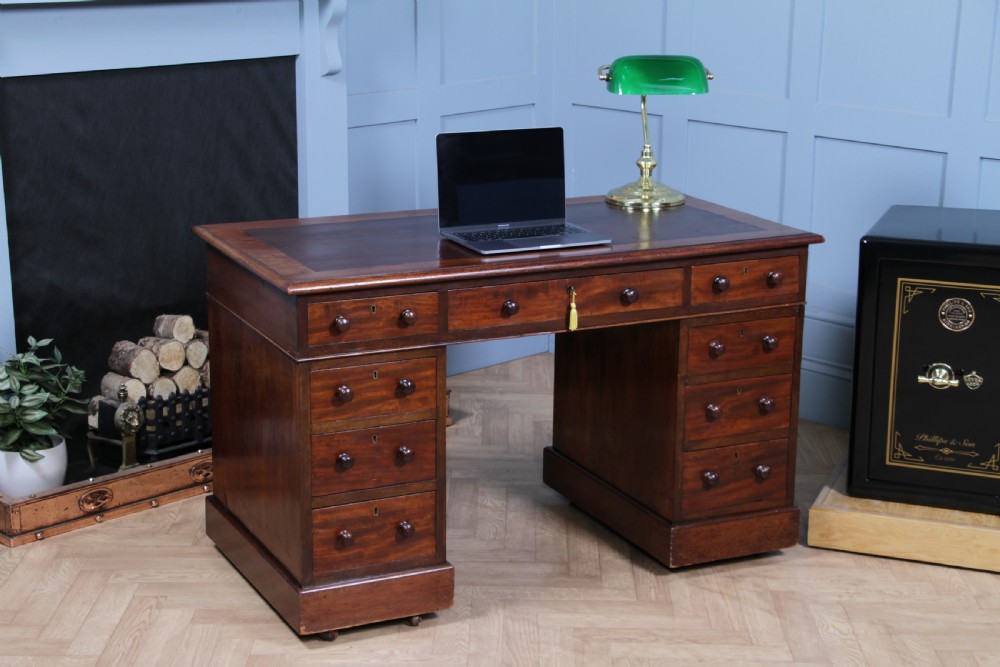 Original Antique Victorian Mahogany 9 Drawer Twin Pedestal Leather Top Writing Desk C1880