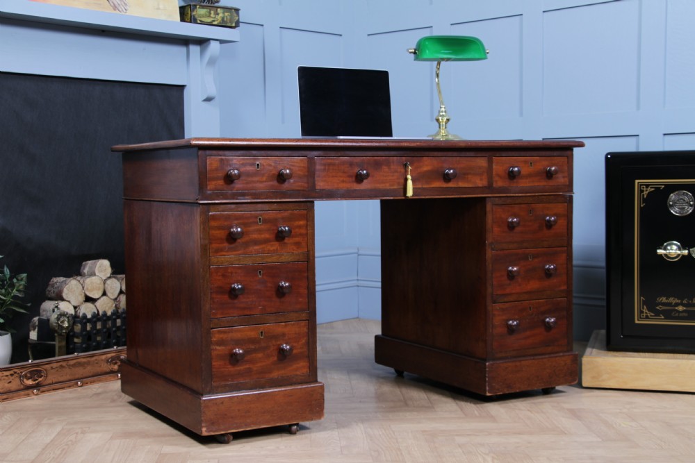 Original Antique Victorian Mahogany 9 Drawer Twin Pedestal Leather Top Writing Desk C1880 View II