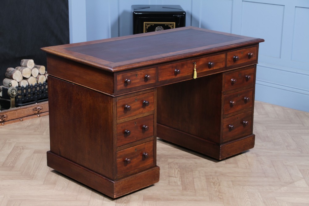 Original Antique Victorian Mahogany 9 Drawer Twin Pedestal Leather Top Writing Desk C1880 View III