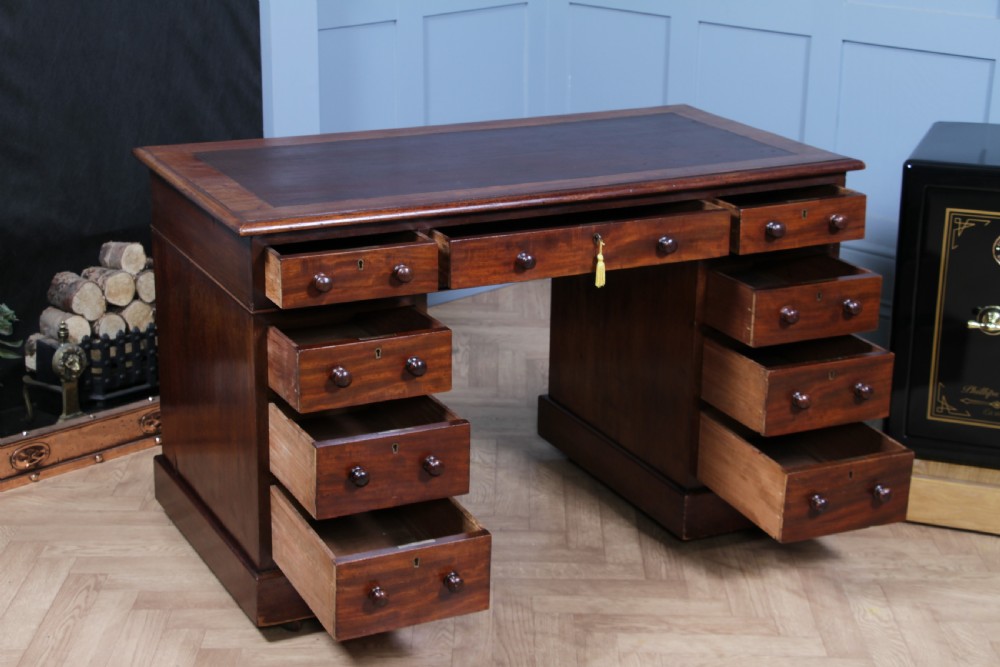 Original Antique Victorian Mahogany 9 Drawer Twin Pedestal Leather Top Writing Desk C1880 View IV