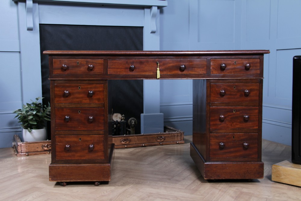 Original Antique Victorian Mahogany 9 Drawer Twin Pedestal Leather Top Writing Desk C1880 View V