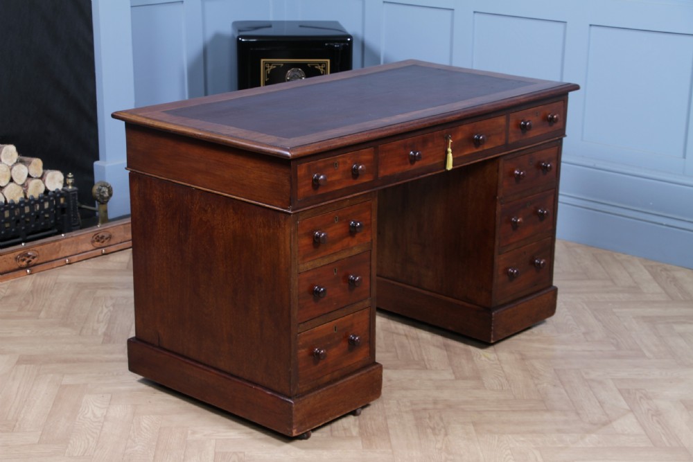 Original Antique Victorian Mahogany 9 Drawer Twin Pedestal Leather Top Writing Desk C1880 View X