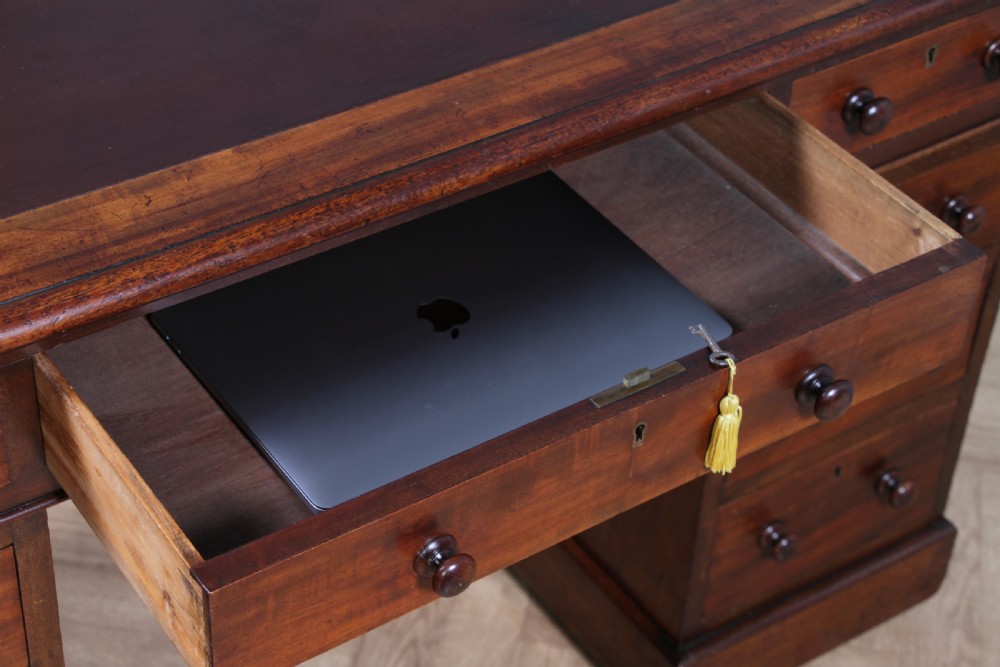 Original Antique Victorian Mahogany 9 Drawer Twin Pedestal Leather Top Writing Desk C1880 View XII