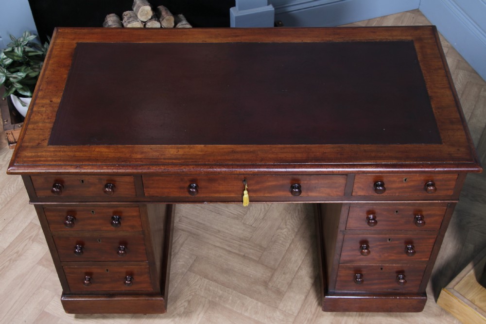 Original Antique Victorian Mahogany 9 Drawer Twin Pedestal Leather Top Writing Desk C1880 View XIV
