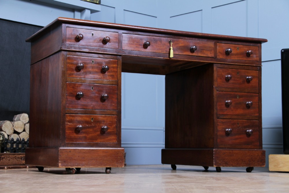 Original Antique Victorian Mahogany 9 Drawer Twin Pedestal Leather Top Writing Desk C1880 View XVII