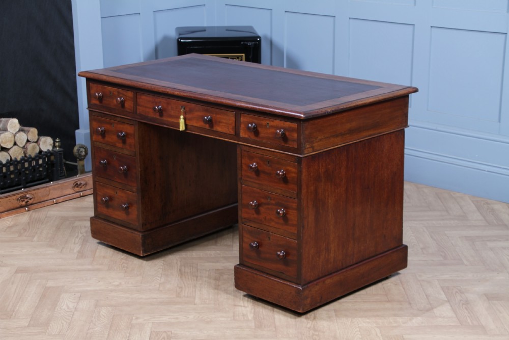 Original Antique Victorian Mahogany 9 Drawer Twin Pedestal Leather Top Writing Desk C1880 View XVIII