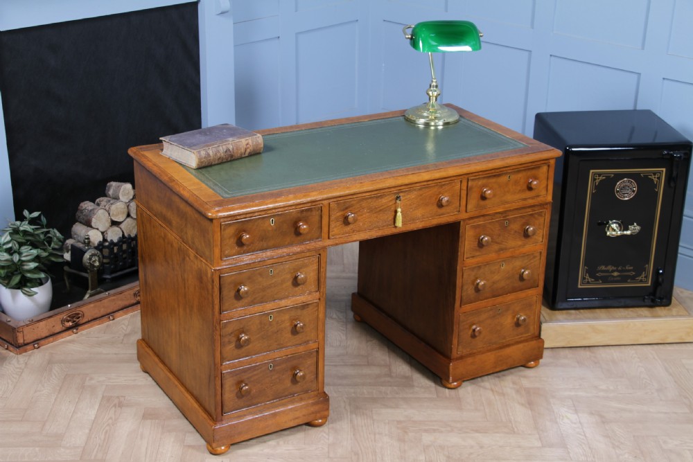 Antique Victorian Golden Figured Brown Oak 9 Drawer Twin Pedestal Leather Top Writing Desk View II