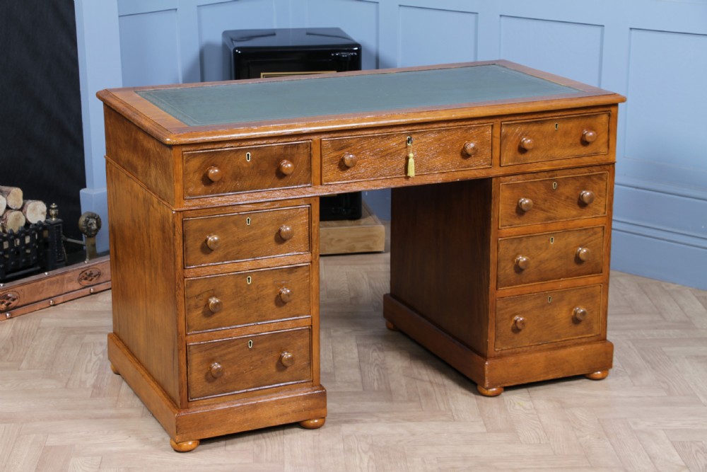 Antique Victorian Golden Figured Brown Oak 9 Drawer Twin Pedestal Leather Top Writing Desk