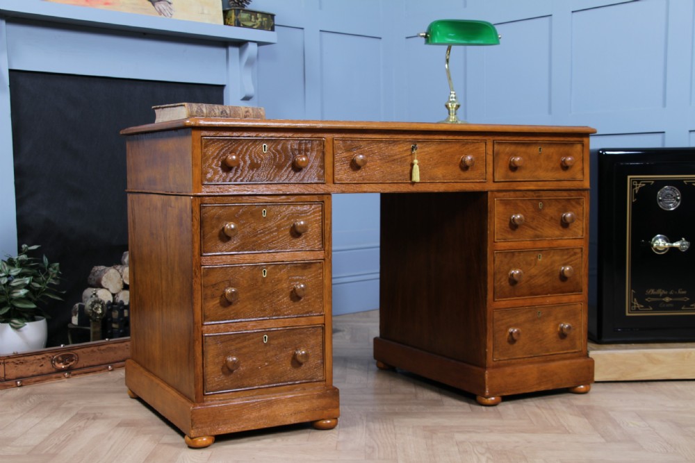 Antique Victorian Golden Figured Brown Oak 9 Drawer Twin Pedestal Leather Top Writing Desk View V