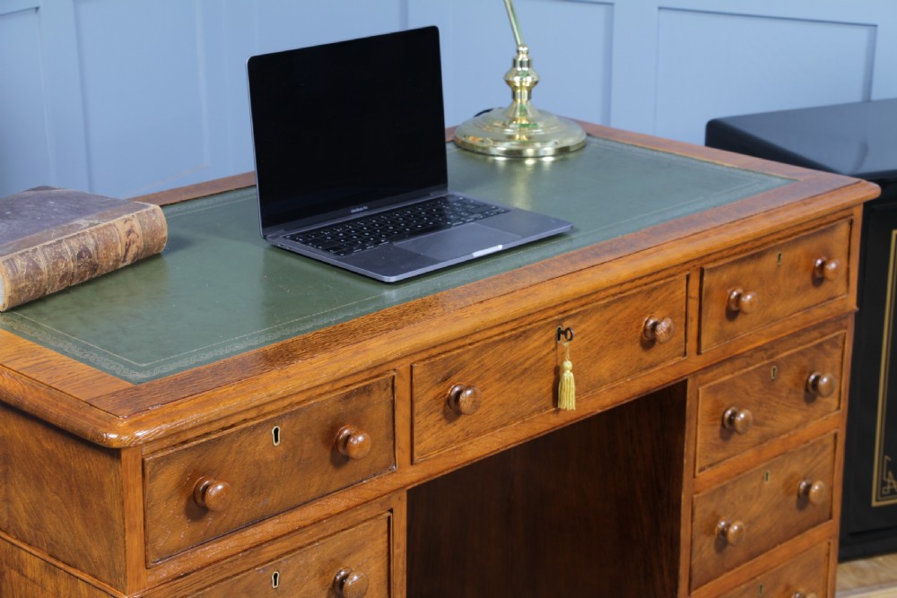 Antique Victorian Golden Figured Brown Oak 9 Drawer Twin Pedestal Leather Top Writing Desk View VI