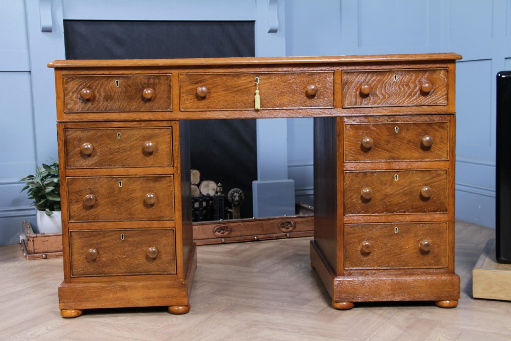 Antique Victorian Golden Figured Brown Oak 9 Drawer Twin Pedestal Leather Top Writing Desk View VII