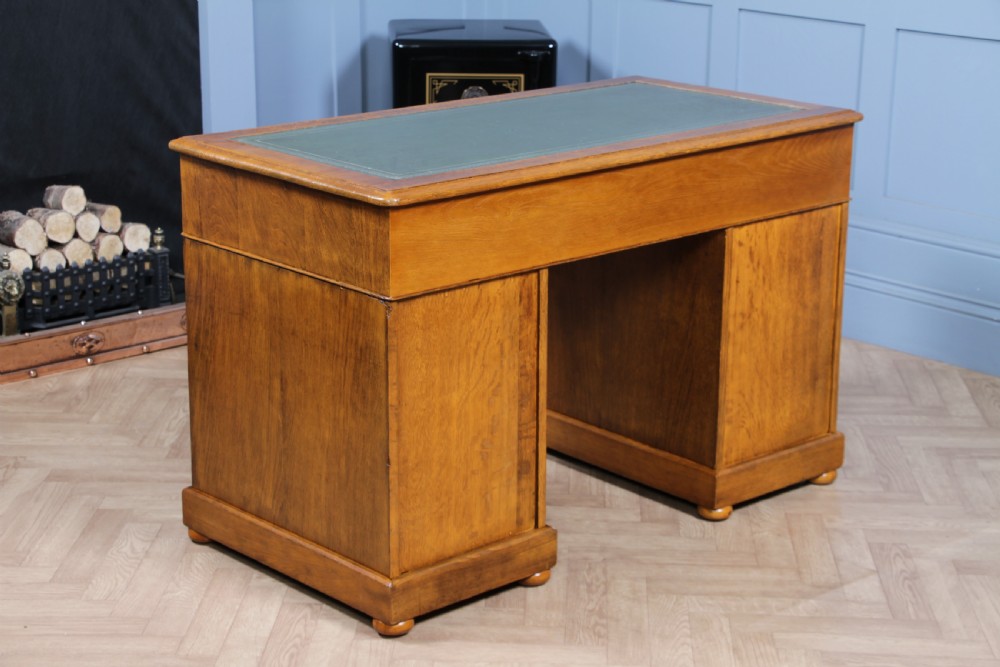 Antique Victorian Golden Figured Brown Oak 9 Drawer Twin Pedestal Leather Top Writing Desk View IX