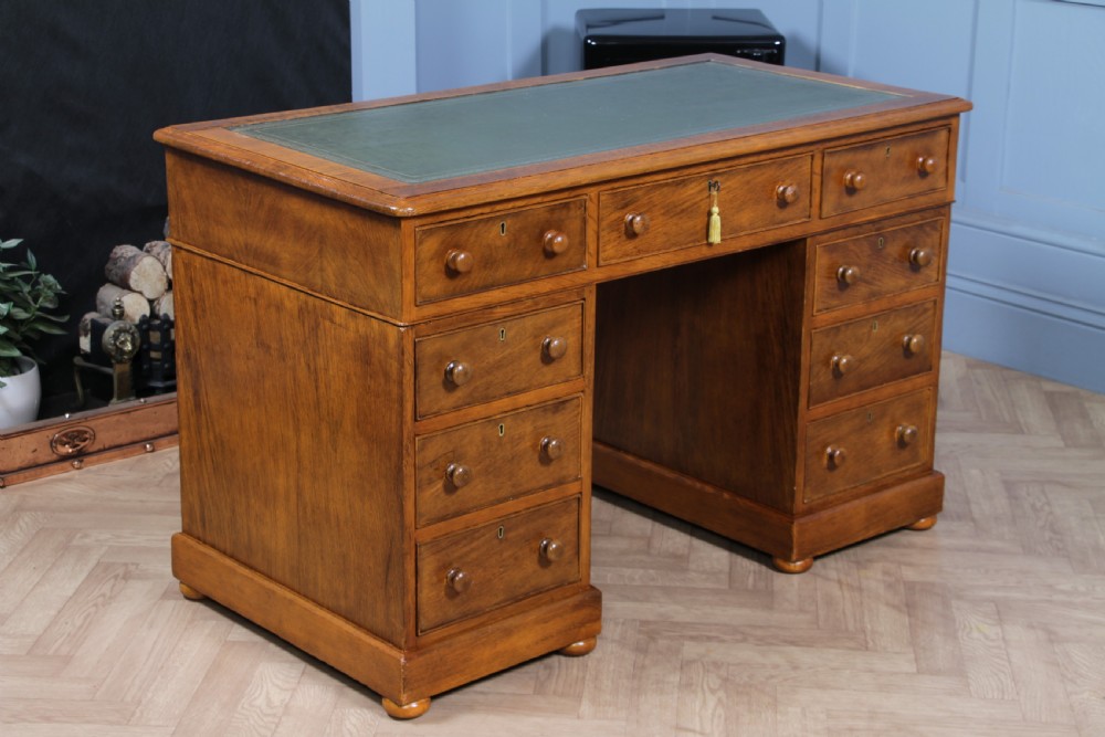 Antique Victorian Golden Figured Brown Oak 9 Drawer Twin Pedestal Leather Top Writing Desk View X