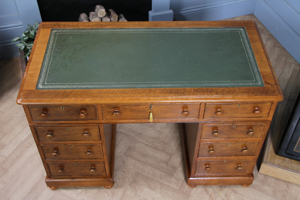 Antique Victorian Golden Figured Brown Oak 9 Drawer Twin Pedestal Leather Top Writing Desk View XI