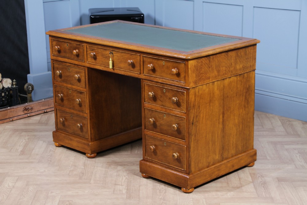 Antique Victorian Golden Figured Brown Oak 9 Drawer Twin Pedestal Leather Top Writing Desk View XII