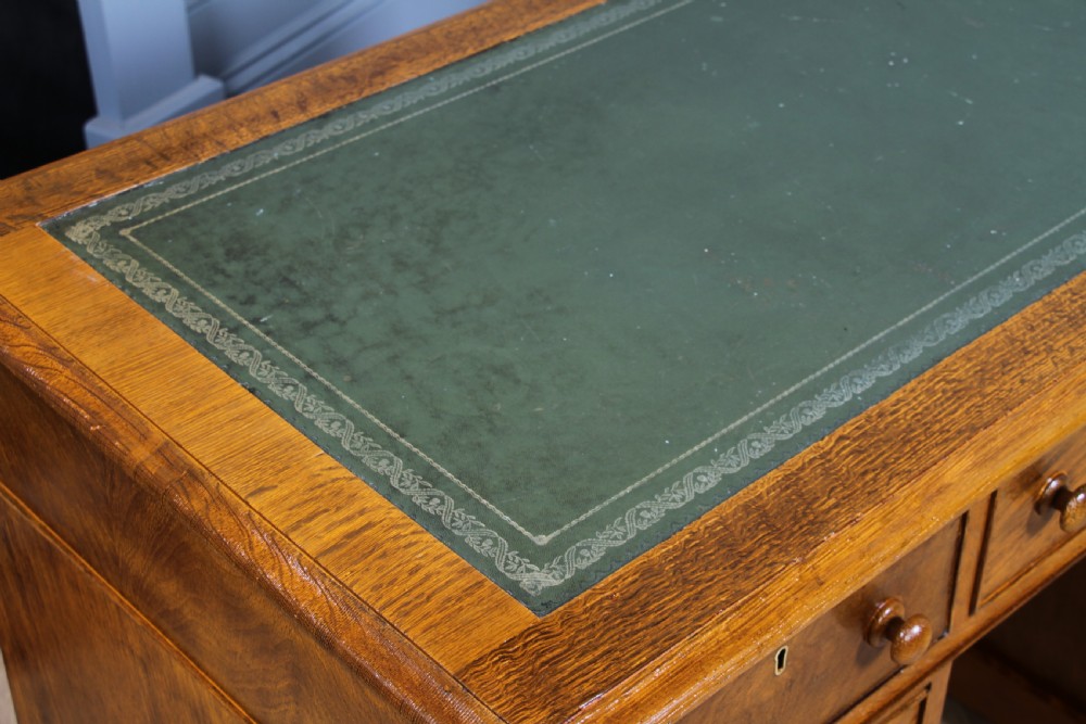 Antique Victorian Golden Figured Brown Oak 9 Drawer Twin Pedestal Leather Top Writing Desk View XV