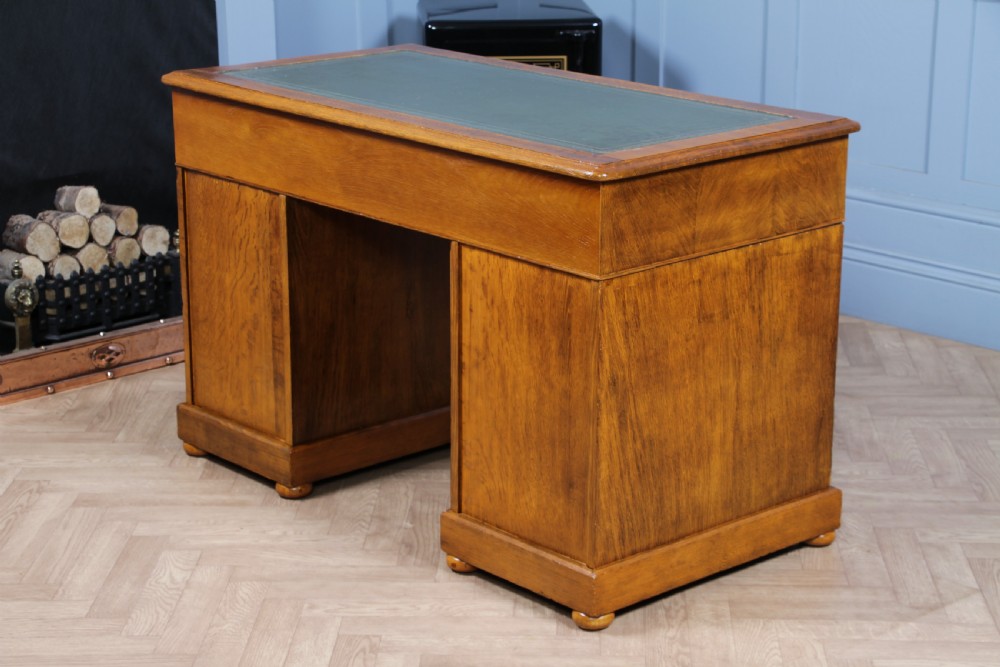 Antique Victorian Golden Figured Brown Oak 9 Drawer Twin Pedestal Leather Top Writing Desk View XX