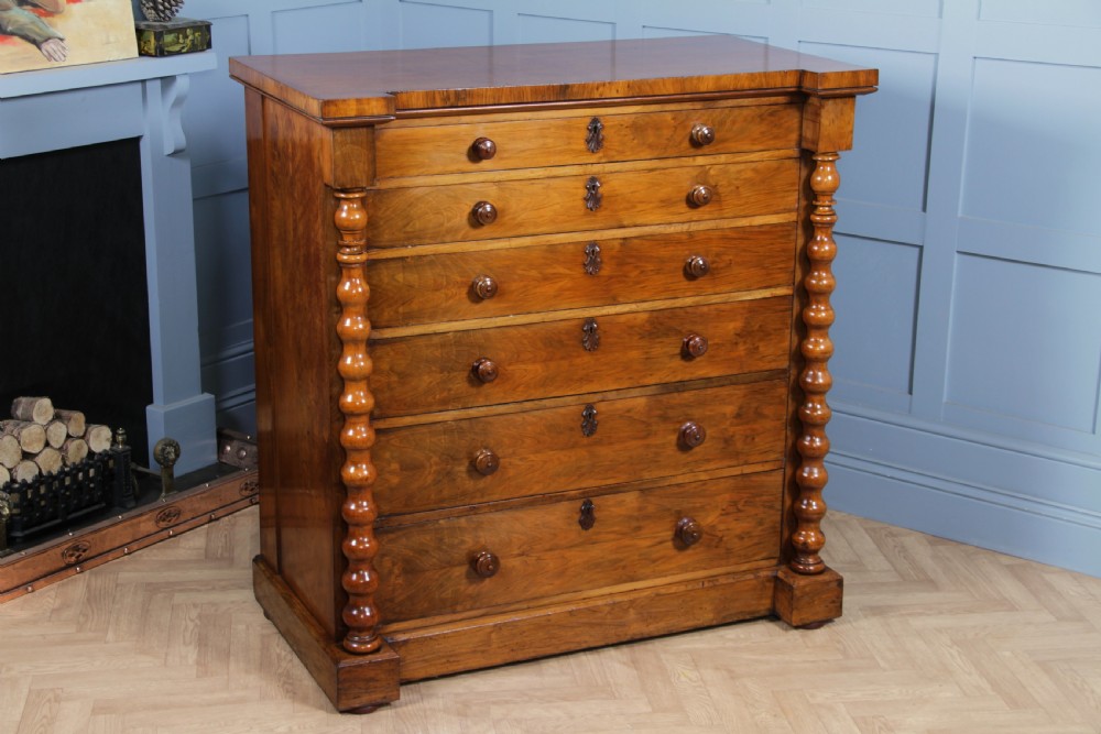 Antique Original Victorian Figured Walnut Bobbin Turned Large Scottish Chest of 6 Drawers 1850