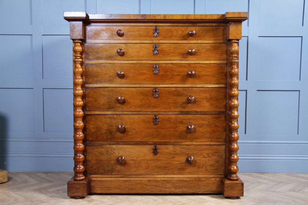 Antique Original Victorian Figured Walnut Bobbin Turned Large Scottish Chest of 6 Drawers 1850 View II