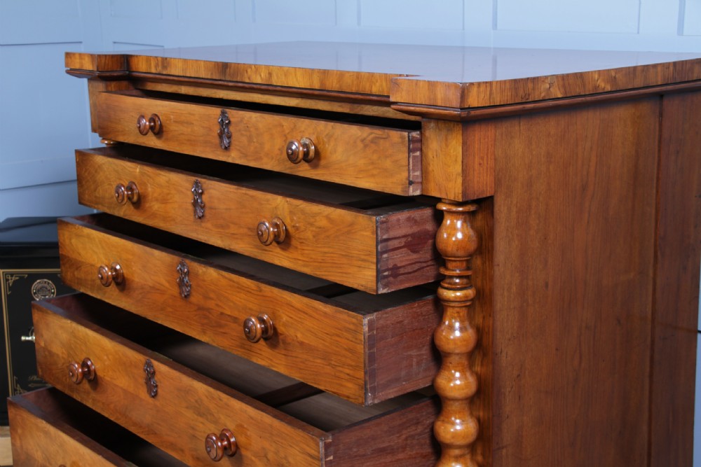 Antique Original Victorian Figured Walnut Bobbin Turned Large Scottish Chest of 6 Drawers 1850 View V