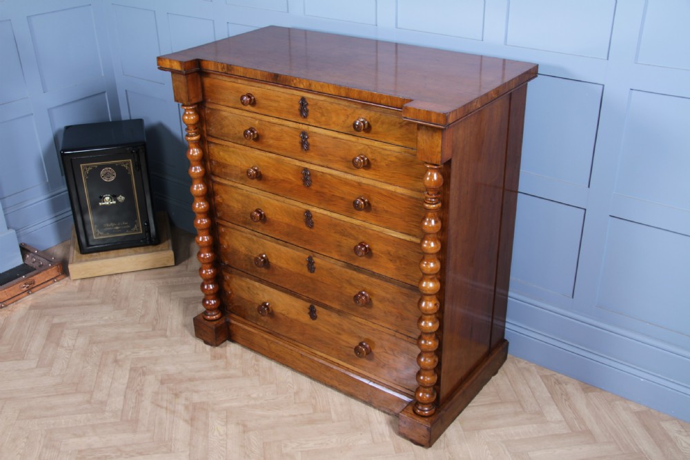 Antique Original Victorian Figured Walnut Bobbin Turned Large Scottish Chest of 6 Drawers 1850 View VI