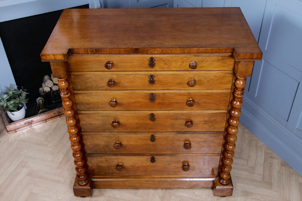 Antique Original Victorian Figured Walnut Bobbin Turned Large Scottish Chest of 6 Drawers 1850 View VII
