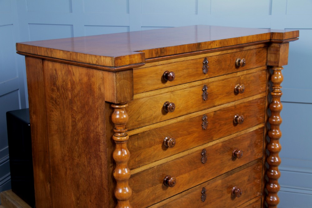 Antique Original Victorian Figured Walnut Bobbin Turned Large Scottish Chest of 6 Drawers 1850 View IX