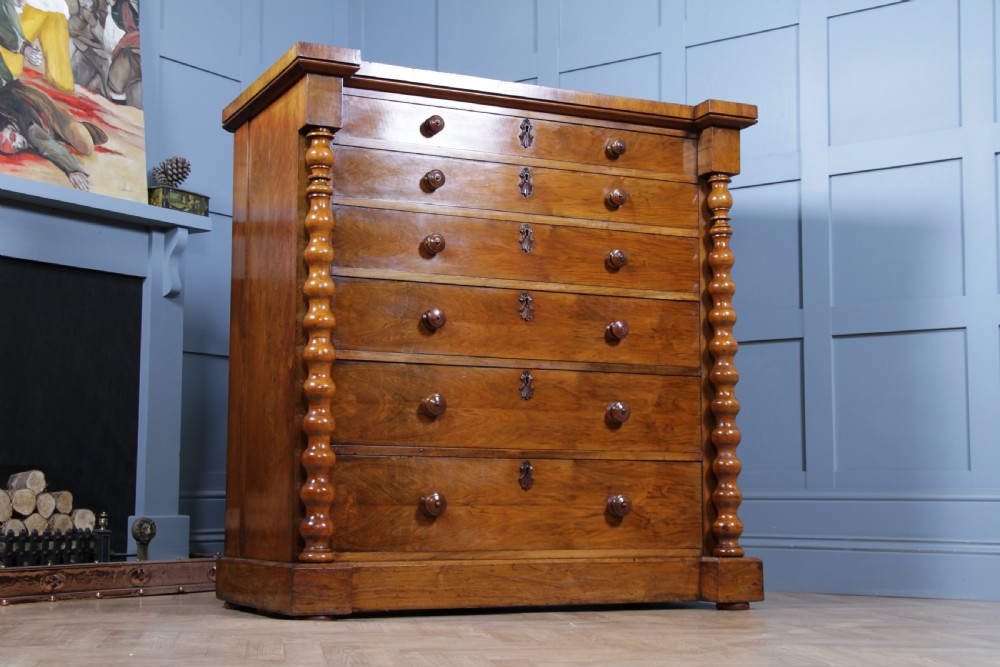 Antique Original Victorian Figured Walnut Bobbin Turned Large Scottish Chest of 6 Drawers 1850 View X