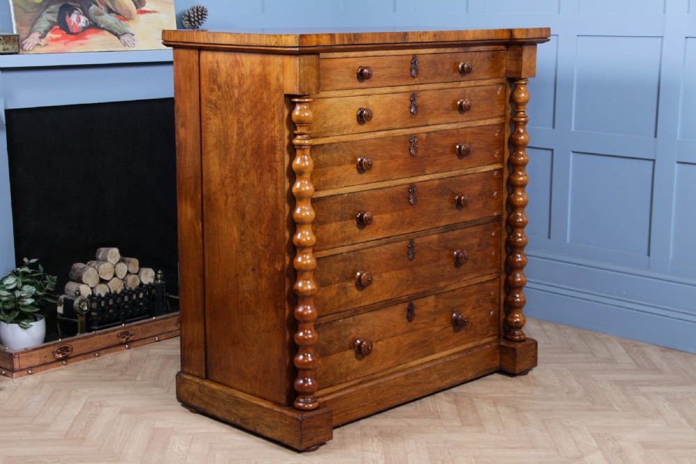 Antique Original Victorian Figured Walnut Bobbin Turned Large Scottish Chest of 6 Drawers 1850 View XVII
