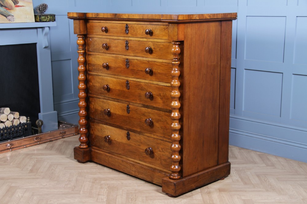 Antique Original Victorian Figured Walnut Bobbin Turned Large Scottish Chest of 6 Drawers 1850 View XIX