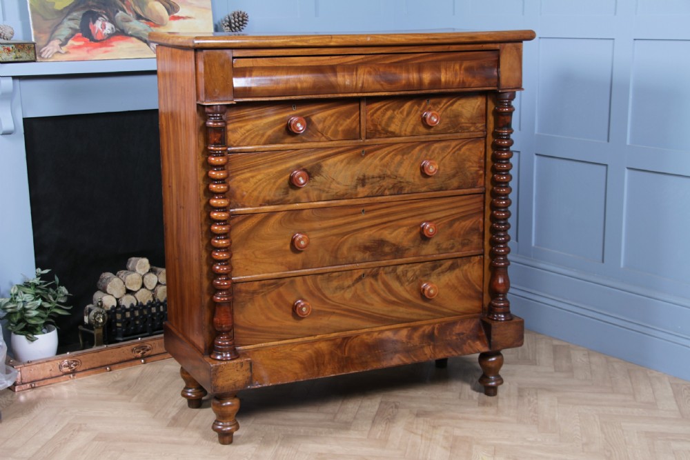 Original Antique Victorian Flame Grain Tall Bobbin Turned Mahogany Scottish Chest of 6 Drawers