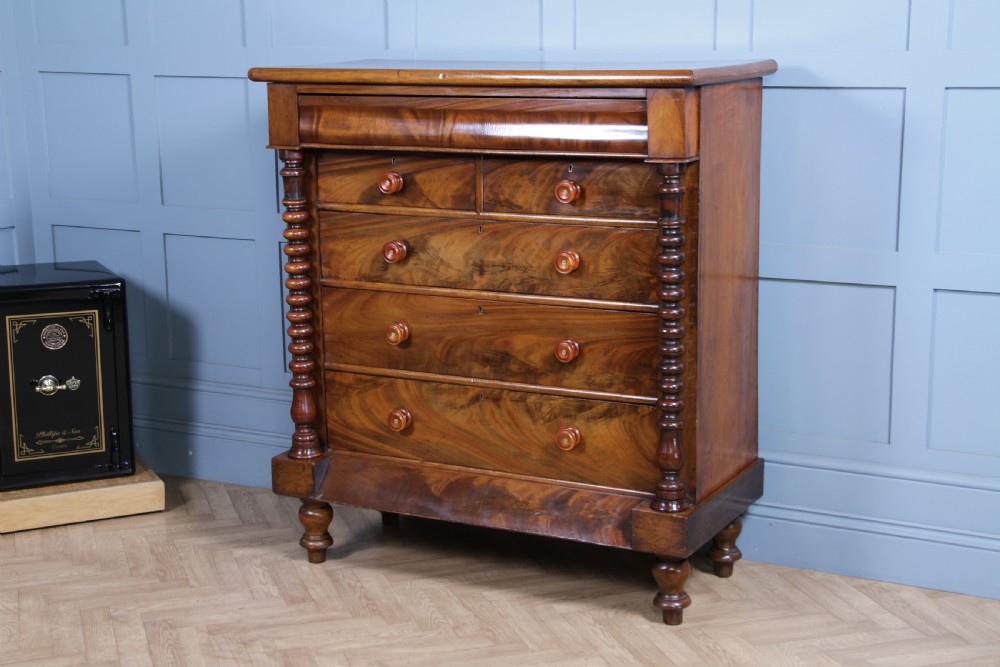 Original Antique Victorian Flame Grain Tall Bobbin Turned Mahogany Scottish Chest of 6 Drawers View II