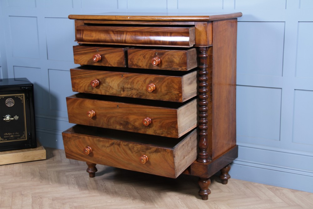 Original Antique Victorian Flame Grain Tall Bobbin Turned Mahogany Scottish Chest of 6 Drawers View III