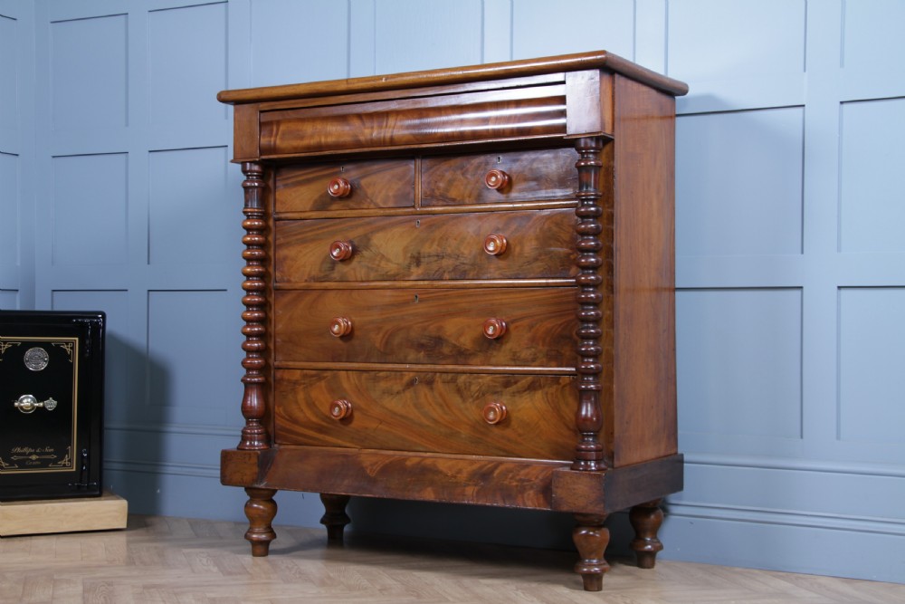 Original Antique Victorian Flame Grain Tall Bobbin Turned Mahogany Scottish Chest of 6 Drawers View V