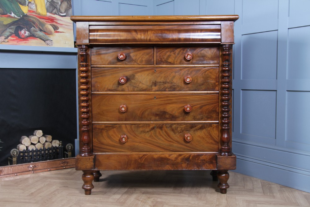 Original Antique Victorian Flame Grain Tall Bobbin Turned Mahogany Scottish Chest of 6 Drawers View VI