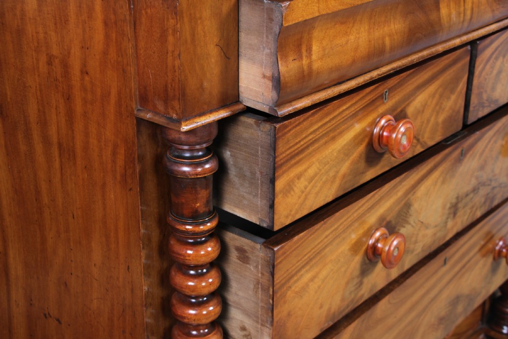 Original Antique Victorian Flame Grain Tall Bobbin Turned Mahogany Scottish Chest of 6 Drawers View IX
