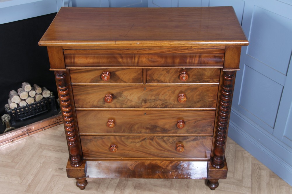Original Antique Victorian Flame Grain Tall Bobbin Turned Mahogany Scottish Chest of 6 Drawers View X