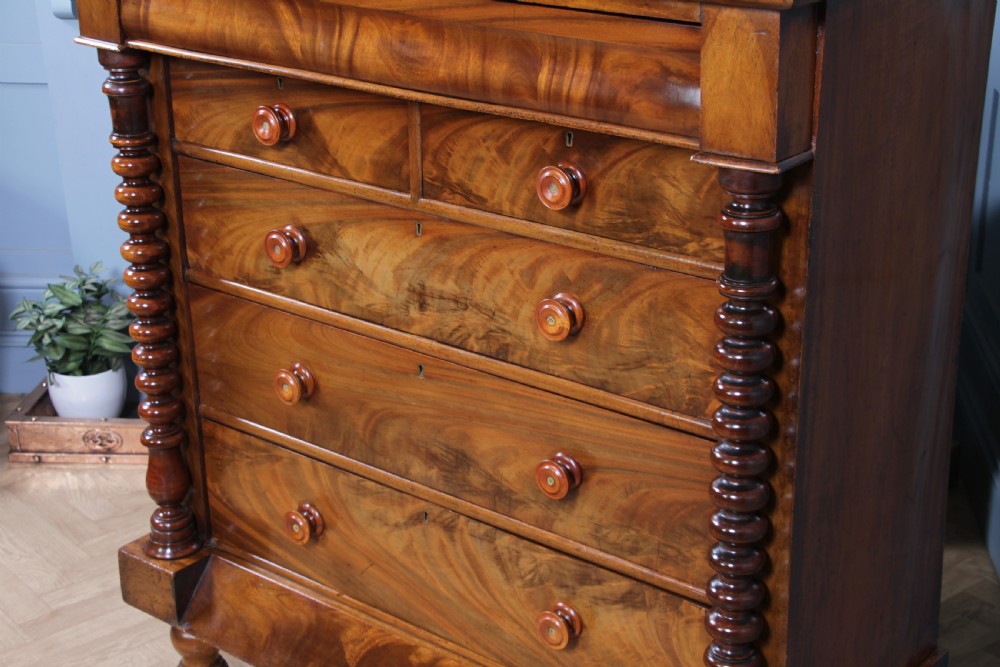 Original Antique Victorian Flame Grain Tall Bobbin Turned Mahogany Scottish Chest of 6 Drawers View XII
