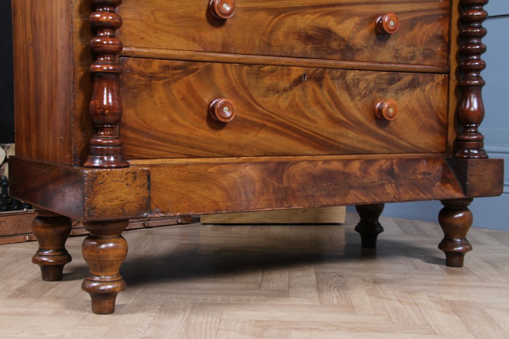 Original Antique Victorian Flame Grain Tall Bobbin Turned Mahogany Scottish Chest of 6 Drawers View XIII
