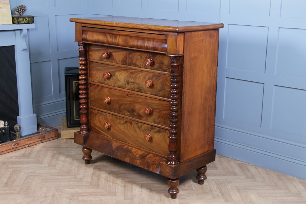 Original Antique Victorian Flame Grain Tall Bobbin Turned Mahogany Scottish Chest of 6 Drawers View XV