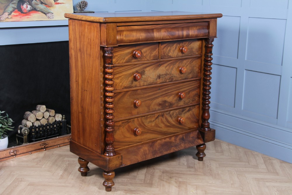 Original Antique Victorian Flame Grain Tall Bobbin Turned Mahogany Scottish Chest of 6 Drawers View XVI