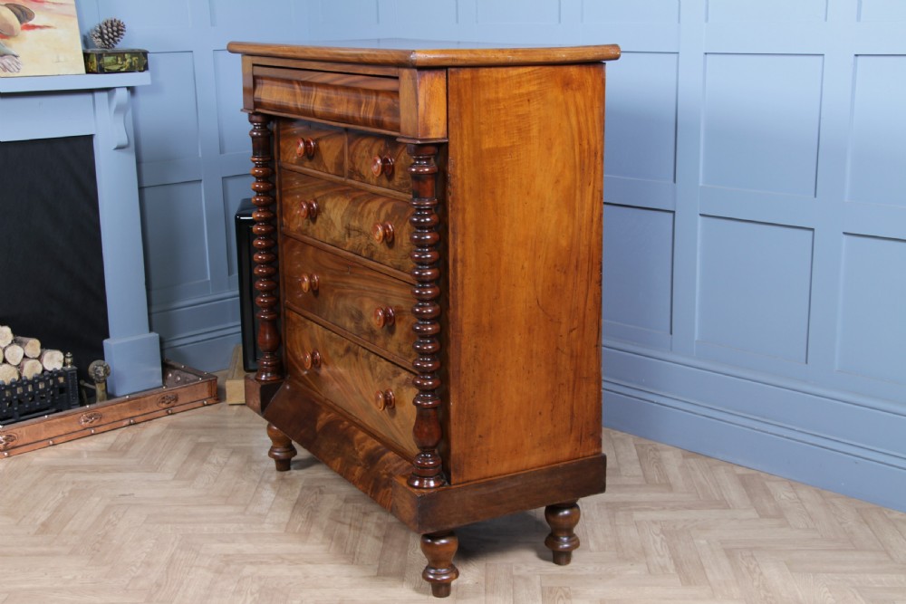 Original Antique Victorian Flame Grain Tall Bobbin Turned Mahogany Scottish Chest of 6 Drawers View XIX