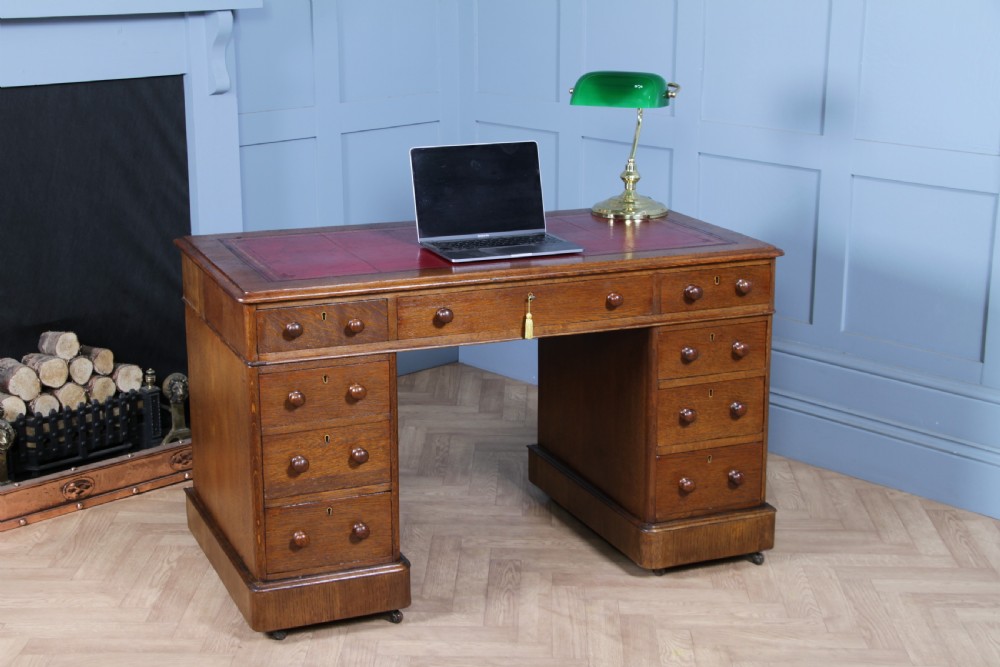 Antique Victorian Medium Oak 9 Drawer Twin Pedestal Leather Top Writing Desk View IV