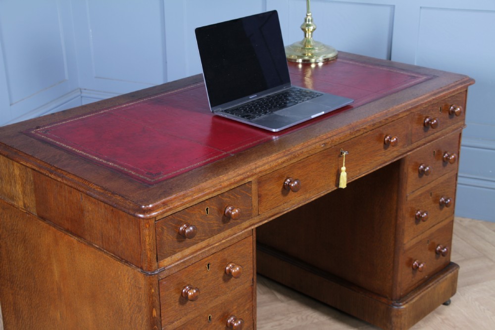 Antique Victorian Medium Oak 9 Drawer Twin Pedestal Leather Top Writing Desk View II